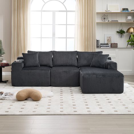 Sofá modular 257x160x62 cm gris en pana con chaise longue, 5 cojines, bolsillos laterales y portavasos (1/5)
