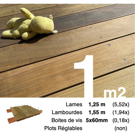 Kit terrasse bois exotique IPE pour 1 m² • Lames 1,25 m, lambourdes 1,55 m et visserie Inox