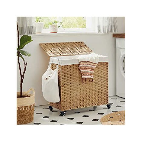 Songmics – Panier à linge tissé à la main 140L – 3 compartiments – Sac amovible – Couvercle anti-poussière – 66 x 33 x 60 cm – Couleur boisée LCB363N01 (1/5)