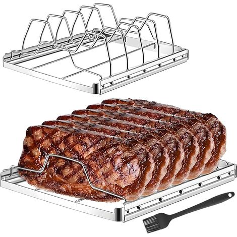Griglia per costine in 2 pezzi per affumicatura e grigliatura - Acciaio inossidabile - 4 scomparti - Pieghevole - Facile da pulire - Accessori per barbecue (1/4)