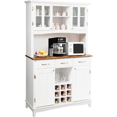 Goplus – Buffet haut blanc avec huche – 9 compartiments à vin – 3 tiroirs utilitaires – étagères réglables – dimensions 112x43x184cm