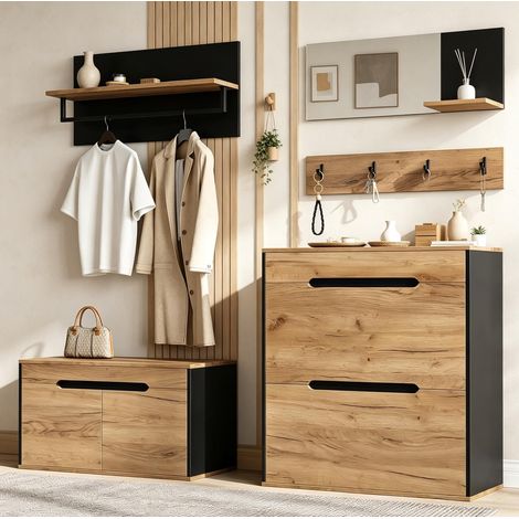 Meuble d'entrée modulable avec miroir, 2 meubles à chaussures et 4 crochets, noir et bois HAVRYA (1/5)