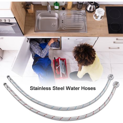 Stück Edelstahl-Wasserhahnverbinder, flexible Wasserzulaufschläuche für Warm- und Kaltwasser (EU G3/8") (1/5)