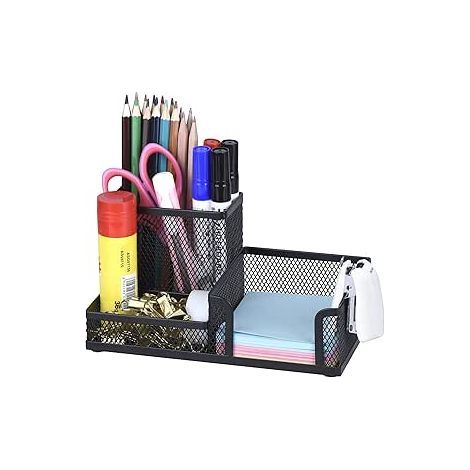 Pot à crayon en métal grillagé noir, Organiseur de bureau avec compartiments pour stylos, trombones et cartes de visite, Rangement compact antidérapant pour étudiants et professionnels (1/5)