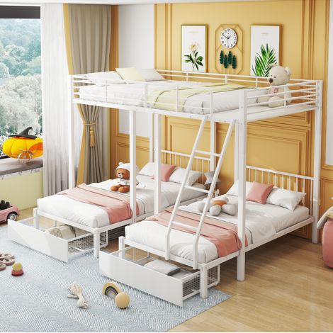Etagenbett 140/200 + 2x 90/200 cm weiß aus Metall mit Schubladen (1/5)