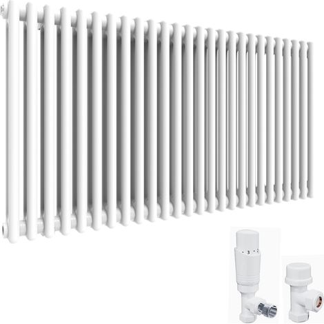 ELEGANT White 600 x 1164 mm Traditional Radiator Cast Iron Style Horizontal Radiator White Double Horizontal Column Radiators and White Thermostatic Radiator Valves (1/5)