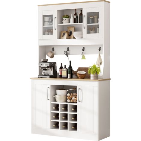 Buffet de cuisine avec placard haut à portes vitrées, range-bouteilles et barre à crochets, grand meuble de rangement pour cuisine et salle à manger CHICFURN (1/5)