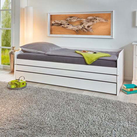 Lit banquette 2 couchages 90x200 cm en pin massif blanc - CHAMBERY