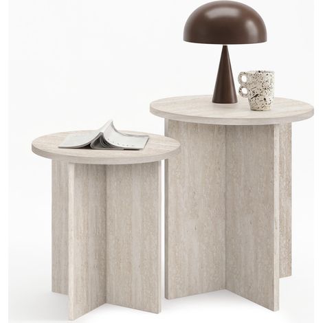 Set di 2 tavolini rotondi, tavolini da salotto, comodini MARTHE 35/40 cm in legno effetto travertino (1/5)