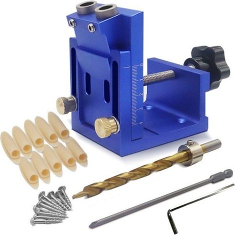 Guía de perforación angular ajustable – Azul, desmontable, con broca de 9 mm, para madera y muebles. (1/4)