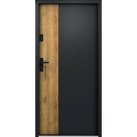 Porta d'ingresso in Acciaio pieno H207 x L100 cm Nero e effetto rovere apertura a destra  - MABENA