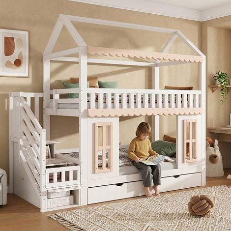 Etagenbett Kinderbett Hausform mit Treppe, 2 Schubladen und seitlichem Stauraumschrank, 90x200 cm, Kiefer und MDF, Weiß und Natur (1/5)