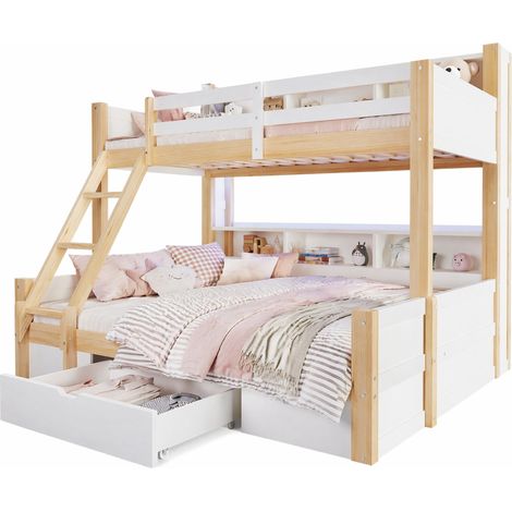 Letto a castello 90x200 + 140x200 cm con LED, scala reversibile, sponde di sicurezza, vani a giorno e cassetto, bianco e legno chiaro  CHICFURN (1/5)