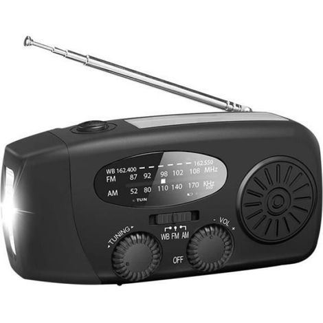 Radio D'urgence - AM FM NOAA Météo - Charge Solaire Manivelle USB - Lampe De Poche Intégrée - Batterie 1000 mAh - Noir - 1 Pièce (1/5)
