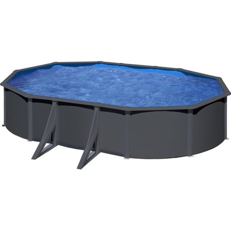 GRE – Piscine hors sol acier gris anthracite ovale 7,44 x 3,99 x 1,22 m – Filtration à sable 6 m³/h – Liner PVC 40/100 – Échelle de sécurité (1/10)