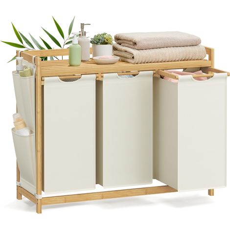 SONGMICS Cesto Portabiancheria a 3 Scomparti, Cesto Biancheria Sporca in Bambù 150 L, Porta Biancheria con Piano, Tasche Laterali, 3 x 50 L, 94 x 33 x 78 cm, Bianco Crema RLH115W01 (1/5)