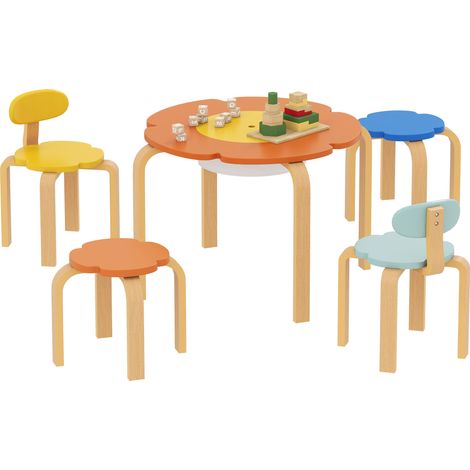 5-teiliges Kindertisch- und Stuhl-Set, mit Aufbewahrungstasche, Blumenform, für Spielzimmer, Kinderzimmer, Holz, Bunt