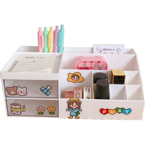 Boîte de rangement pour fournitures scolaires féminines, porte-stylo blanc style MUJI, porte-stylo de bureau à tiroir 1, boîte de rangement blanche (1/5)