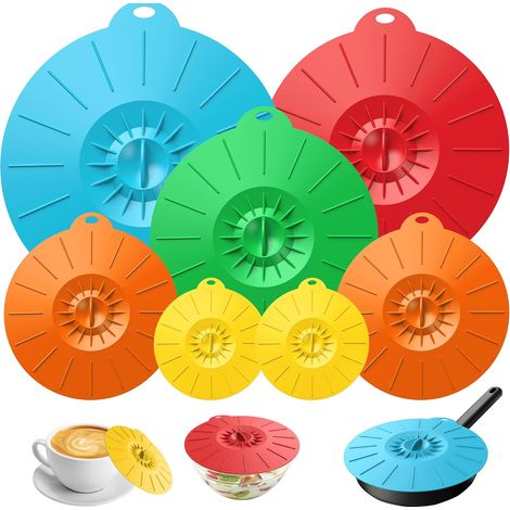 Set di 7 paraspruzzi in silicone (adatti al microonde), di 5 diverse misure, riutilizzabili, resistenti al calore e assorbenti. (1/5)