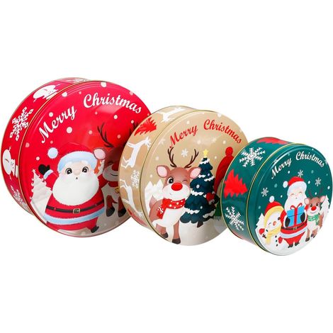 JSSEVN - Latas para galletas navideñas, 3 latas metálicas, latas multifuncionales con tapa, latas metálicas para galletas, chocolate y dulces. (1/5)
