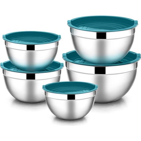 Lot de 5 saladiers mélangeurs 100 % acier inoxydable avec couvercle hermétique – 4,5 l / 2,7 l / 1,5 l / 1,2 l / 0,7 l - Idéal pour cuisine/pâtisserie/rangement, empilables et lavables au (1/5)