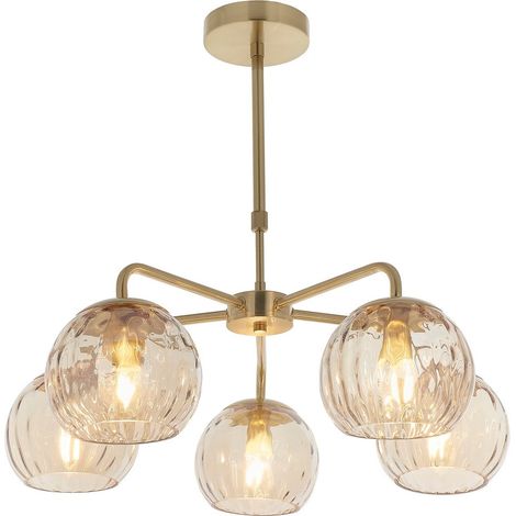 Lampe à suspension en verre à bras multiples, plaque en laiton satiné, verre lustré champagne (1/5)