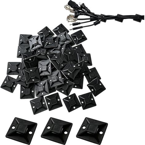 100 basi adesive per fascette per cavi 28,5x28,5 mm nere – retro autoadesivo con fissaggio sicuro – per la gestione dei cavi: casa, ufficio, garage, impianti elettrici (1/5)