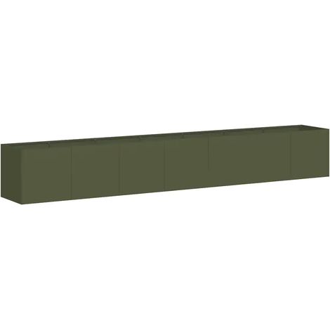Jardinière rectangulaire moderne extérieur 280 x 40 x 40 cm avec fond ouvert finition élégante en acier laminé à froid vert olive (1/5)