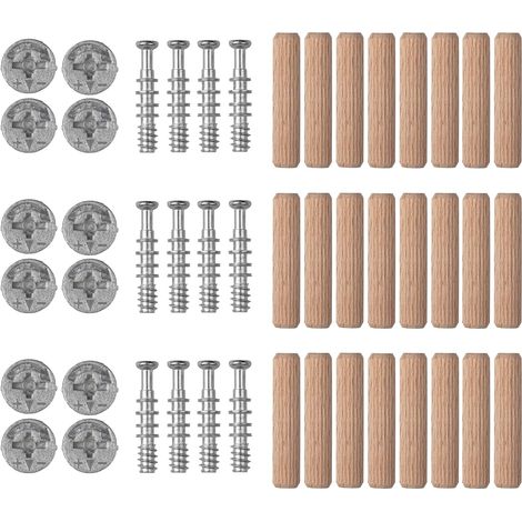 12 Ferrures excentriques, 15 mm, 12 Vis d'assemblage, 24 Tourillons bois, 8 mm, Pour construction de meubles (1/5)