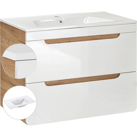 Waschtischunterschrank mit 81 cm Keramikbecken LUTON-56, Hochglanz weiß mit Wotan Eiche Nb., B/H/T ca. 81/60,8/46 cm (1/5)