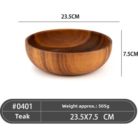 Bol en bois d'acacia de style japonais, grand bol plat en bois massif pour nouilles instantanées, bol à salade, bol à fruits, bol à riz isotherme (bol en bois d'acacia de 24 cm, 1) (1/4)