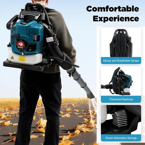 Souffleur de feuilles à essence à 4 temps de 75,6 cm³, 2600 W avec volume d'air de 498 CFM, puissant souffleur de feuilles à sac à dos pour jardin, 7000 tr/min (1/5)