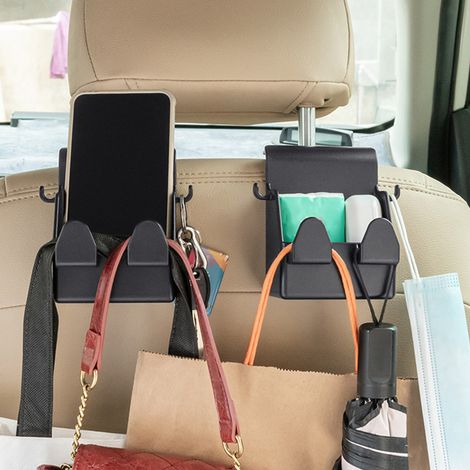 Organizer mit Haken zur Befestigung an der Kopfstütze des Autositzes, kompatibel mit allen Fahrzeugen. Geeignet für Handtaschen, Handys und andere Gegenstände. (1/5)