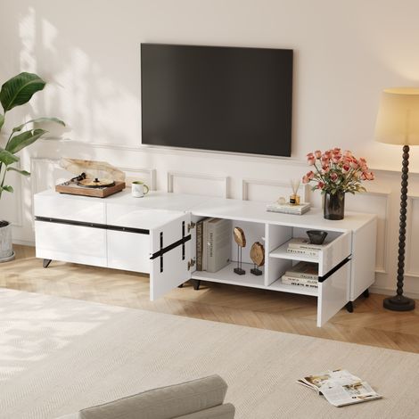Mobile TV 180x40x49 cm, con 4 armadi, ante lucide, 8 gambe, MDF bianco con linee nere (1/5)