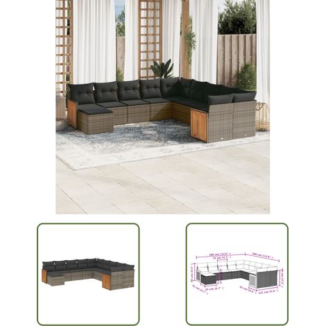 The Living Store Salon de jardin 11 pcs avec coussins gris résine tressée - Ensemble Salon De Jardin - Meubles De Jardin - Salon Extérieur - Mobilier De Jardin Design - Chaise Longue (1/3)