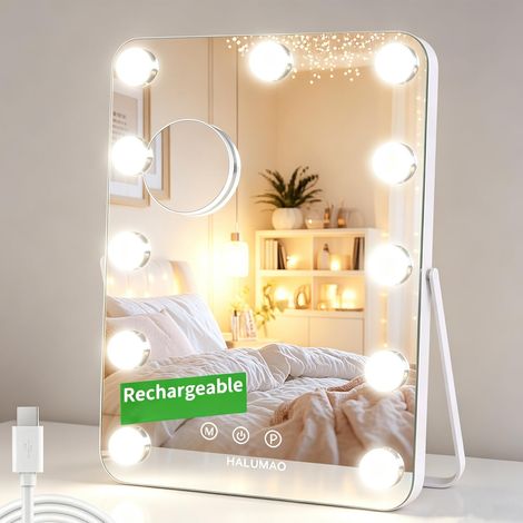 Miroir de courtoisie avec lumières, miroir de maquillage rechargeable éclairé pour dressing et chambre à coucher, fonction mémoire (1/5)