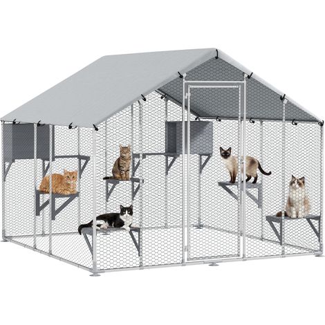 PawHut jaula grande para gatos exterior, recinto 5 gatos con casitas, plataformas para saltar, cubierta impermeable y anti-UV, 240x193x195 cm, plata