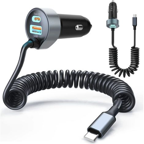 Ce chargeur de voiture USB-C pour iPhone 16 est fourni avec un câble USB-C spiralé de 1,5 mètre et de 65 W, et prend en charge les protocoles de charge rapide PD et QC3.0. (1/5)