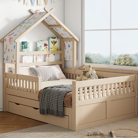 Lit plateforme maison 140x200 cm avec lit gigogne 3 tiroirs barrières sécurité crème