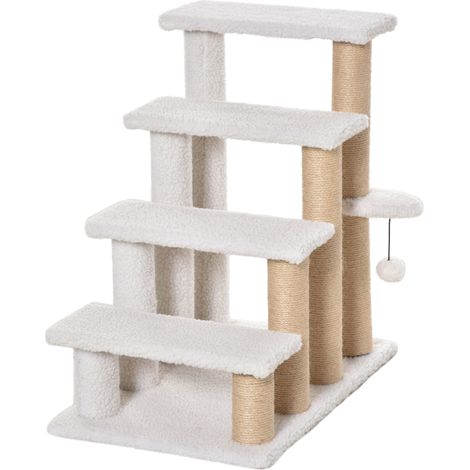 Escalier pour animaux avec griffoir 4 marches en panneau MDF, peluche et jute, blanc, 60x40x64 cm (1/5)