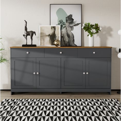Buffet de rangement 160 cm avec 4 portes et 3 tiroirs, gris-noir et bois DESVIAE (1/5)
