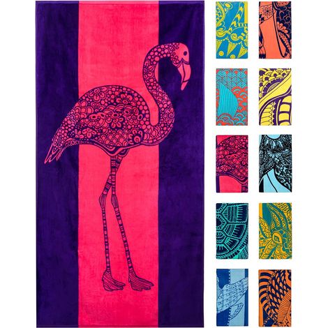 Flamingo-Strandtuch – Rosa und Lila mit niedlichem Design, extra groß (XL, 86 x 160 cm), saugfähig und tragbar, leicht, aus 100 % Baumwolle