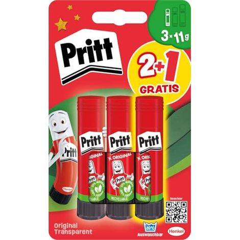 Pritt Juego de 3 barras de pegamento de 11 g y tatuajes, pegamento seguro y apto para niños para artes y manualidades, pegamento fuerte para la escuela, 9H PGS5B