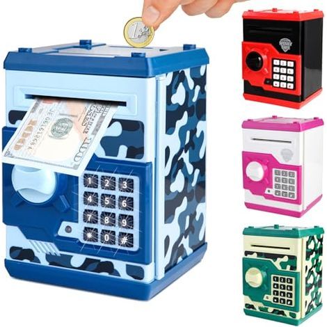 Tirelire Électronique ATM pour Enfants de 3+, Cadeau de Noël pour Garçon, Coffre-Fort à Code pour Pièces & Billets, Grande Capacité, Papier à Défilement Automatique (Bleu) (1/5)