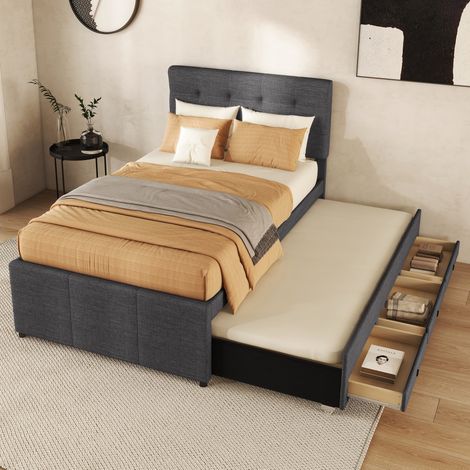 Bett Mit Bettkasten 90x200 cm Mit Ausziehbett Und 3 Schubladen, Grauer Stoff (1/5)