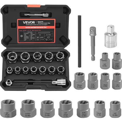 Coffret Extracteurs de Boulons Endommagés 16PCs, Jeu de Douilles d'Extraction d'Écrous Abîmés Rouillés Arrondis, Utilisés avec Clé Dynamométrique ou Perceuse Électrique, avec Adaptateurs (1/5)