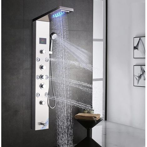 LED Colonne de douche hydromassage panneau de douche avec 5 fonctions en acier inoxydable 304, mélangeur de massage, pomme de douche fixe, douche et bouche baignoire pour salle de bain (1/5)