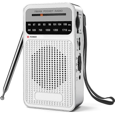 AM/FM-Transistor-Taschenradio mit Lautsprecher und Kopfhöreranschluss, ideal für den Innen- und Außenbereich (silber). (1/5)