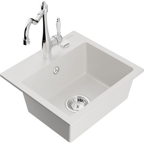 Mexen Milo lavello in granito 1-vasca con rubinetto da cucina Carla, bianco - 6505-20-670700-00 (1/5)