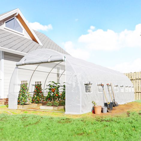 Serre de jardin tunnel 24m² 8L x 3l x 2H m - 16 fenêtres, Porte zippée enroulable acier galvanisé, bâche PE, Blanc (1/5)